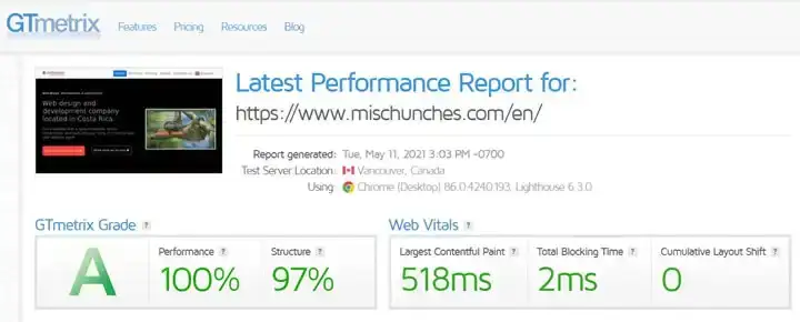Resultados de GT Metrix para misChunches.com